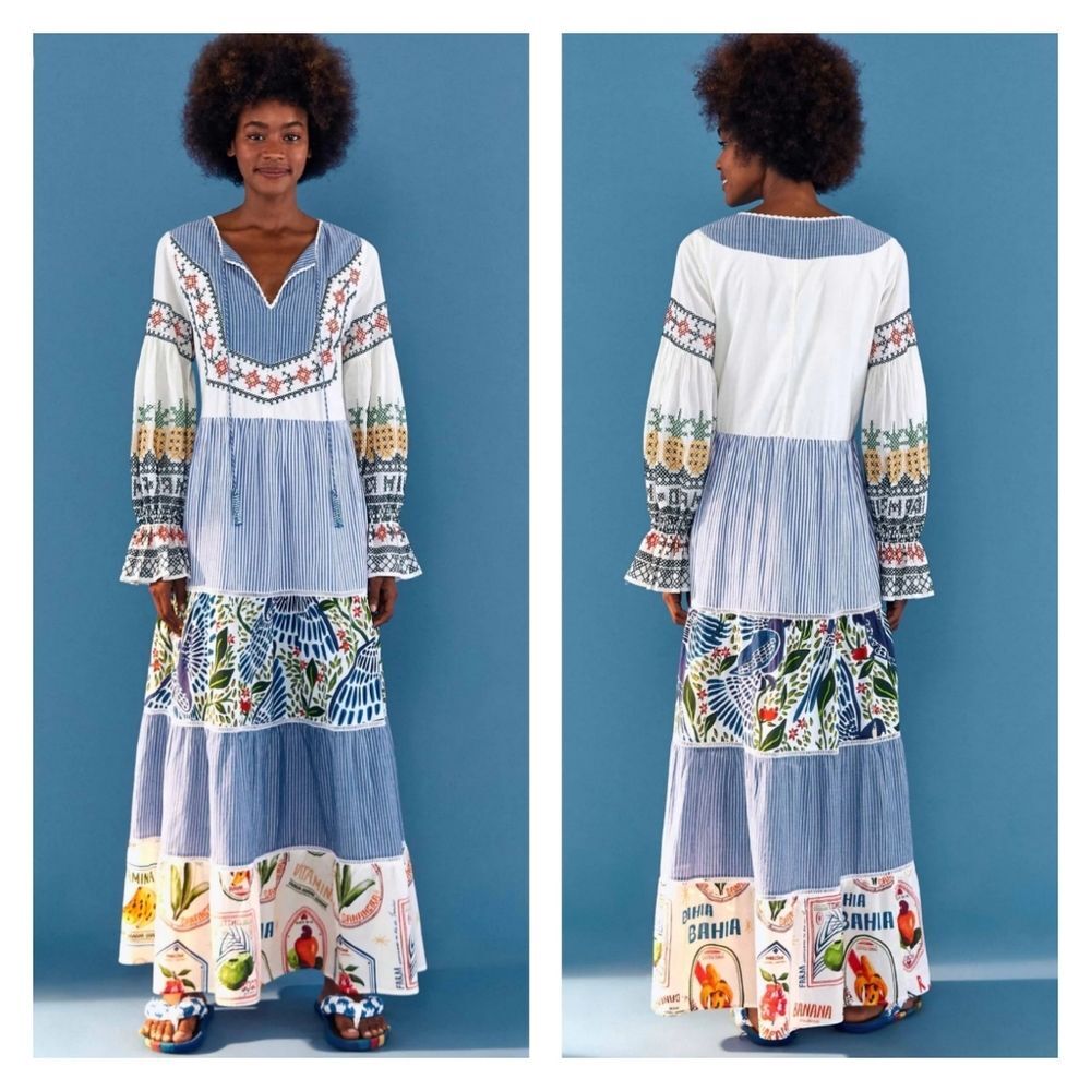 Farm Rio Pineapple Beach Embroidered Tiered Maxi Dress